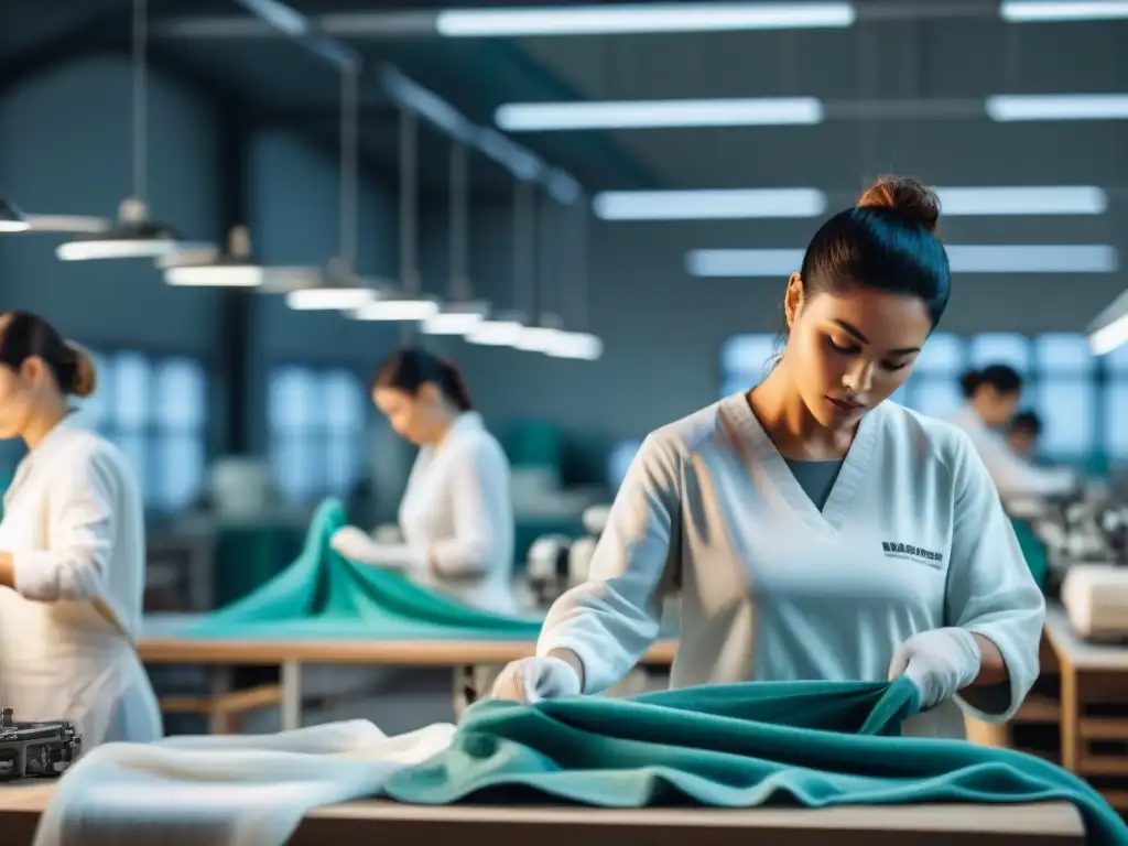 Proceso de fabricación sostenible en Uruguay: tecnología, lujo y ecofrien Trabajadores expertos confeccionando ropa técnica sostenible en Uruguay