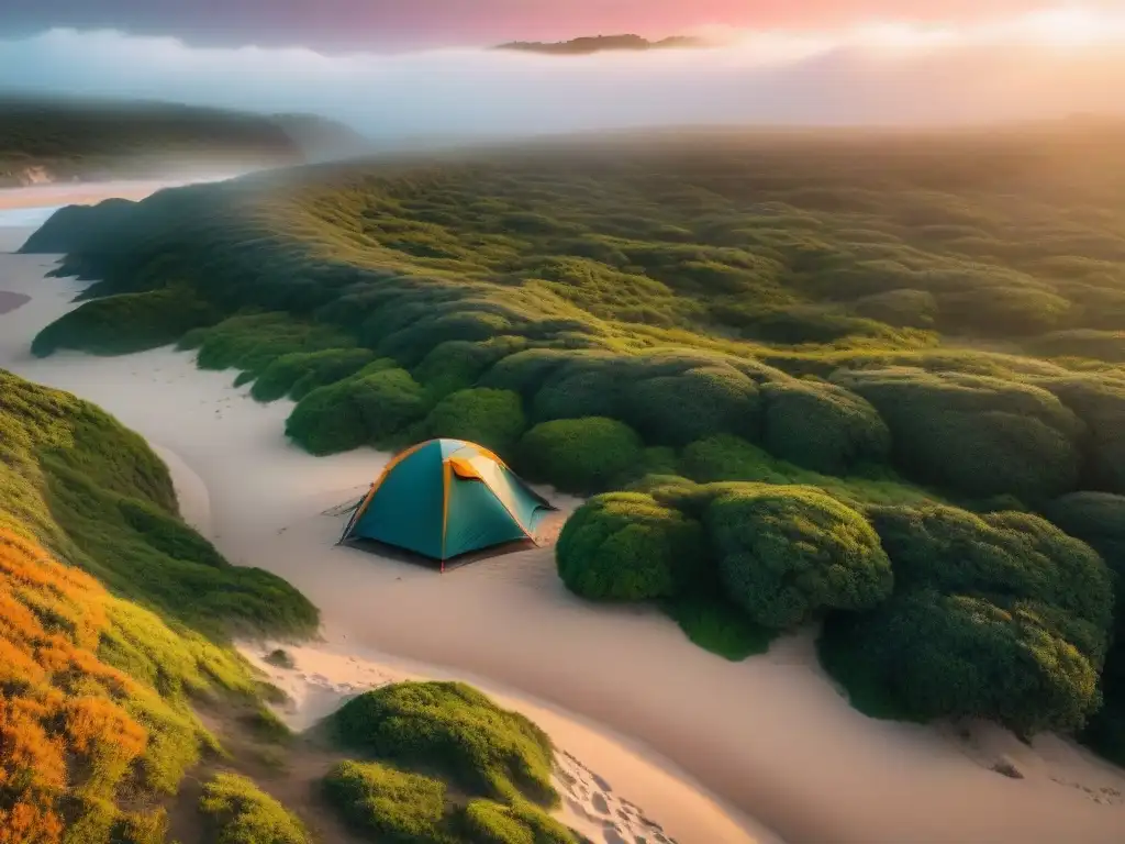 Camper solitario montando tienda al atardecer en Cabo Polonio, Uruguay Camper disfrutando de la tranquilidad en Cabo Polonio al atardecer