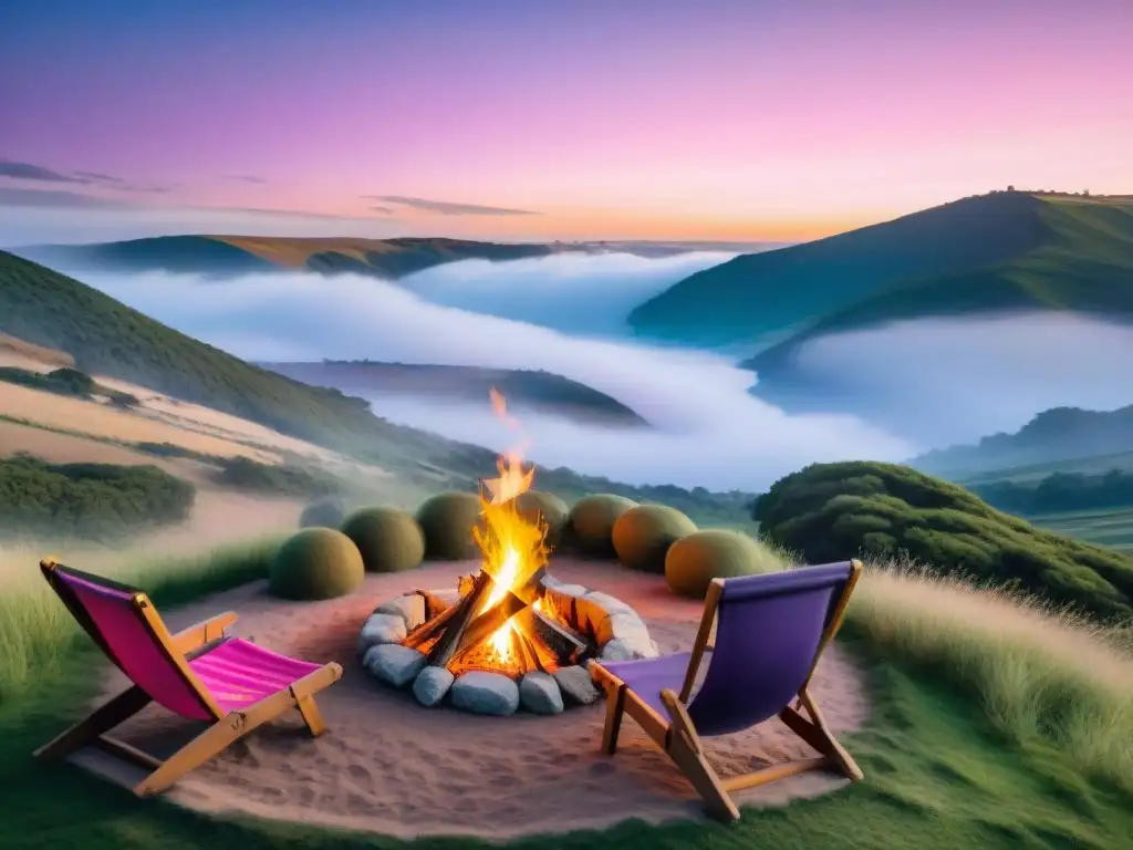Tranquilo atardecer en camping privado en Uruguay, con fogata, sillas, tiendas y hamacas bajo un cielo de colores