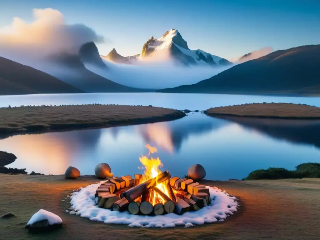 Campamento invernal en Uruguay: serenidad entre la nieve Un tranquilo campamento invernal en Uruguay, con una tienda responsablemente montada en la nieve
