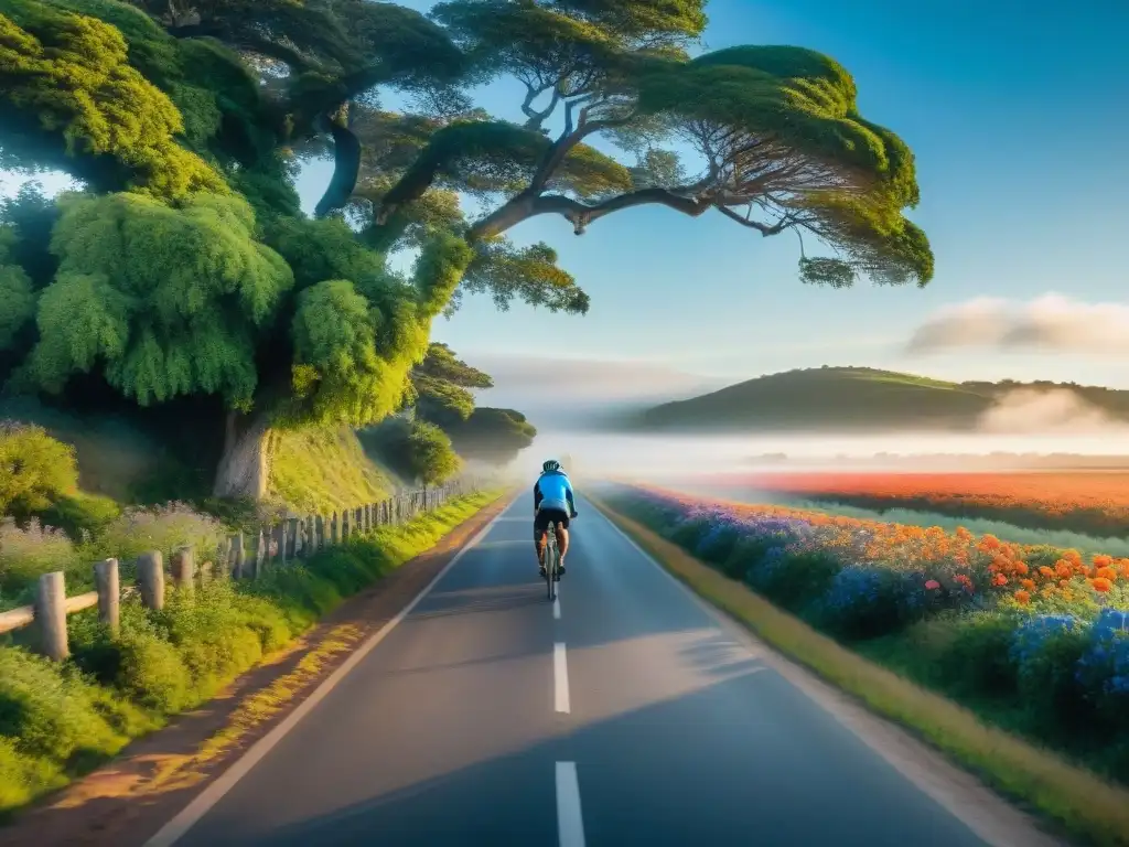 Explorando la campiña uruguaya: ciclistas y gastronomía local Un tranquilo paseo en bicicleta por rutas de Uruguay, rodeado de naturaleza y gastronomía local