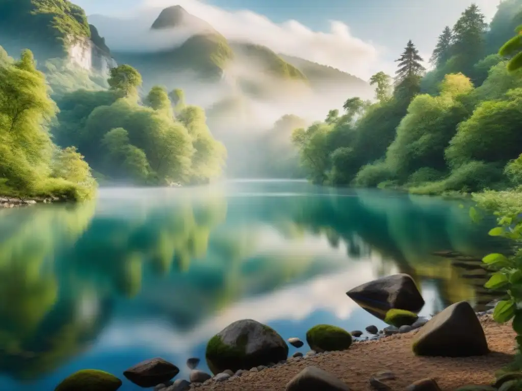 Tranquilidad en el río: camping en armonía con la naturaleza Un tranquilo río rodeado de exuberante vegetación refleja los árboles, creando un entorno natural armonioso para acampar