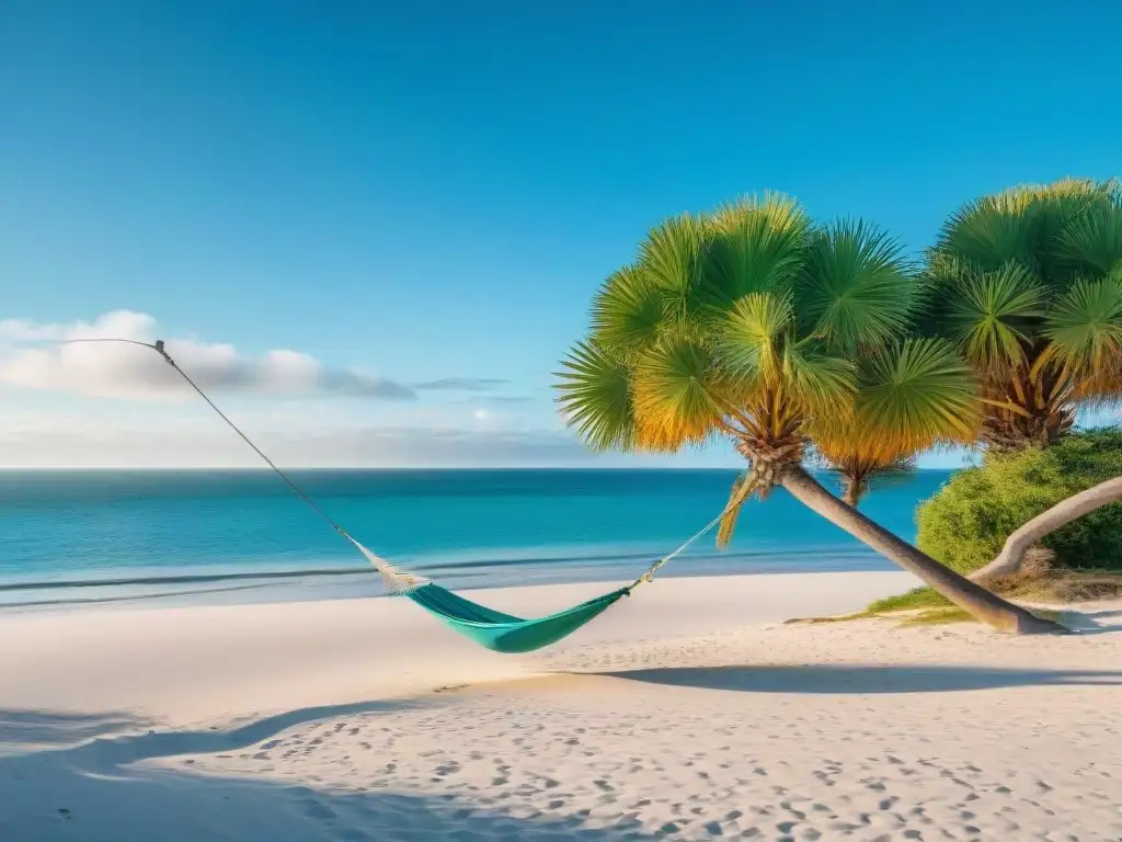 Paraíso de relajación en playa de Uruguay Un rincón tranquilo en Uruguay: playa solitaria, aguas turquesas, hamaca entre palmeras y figura contemplativa