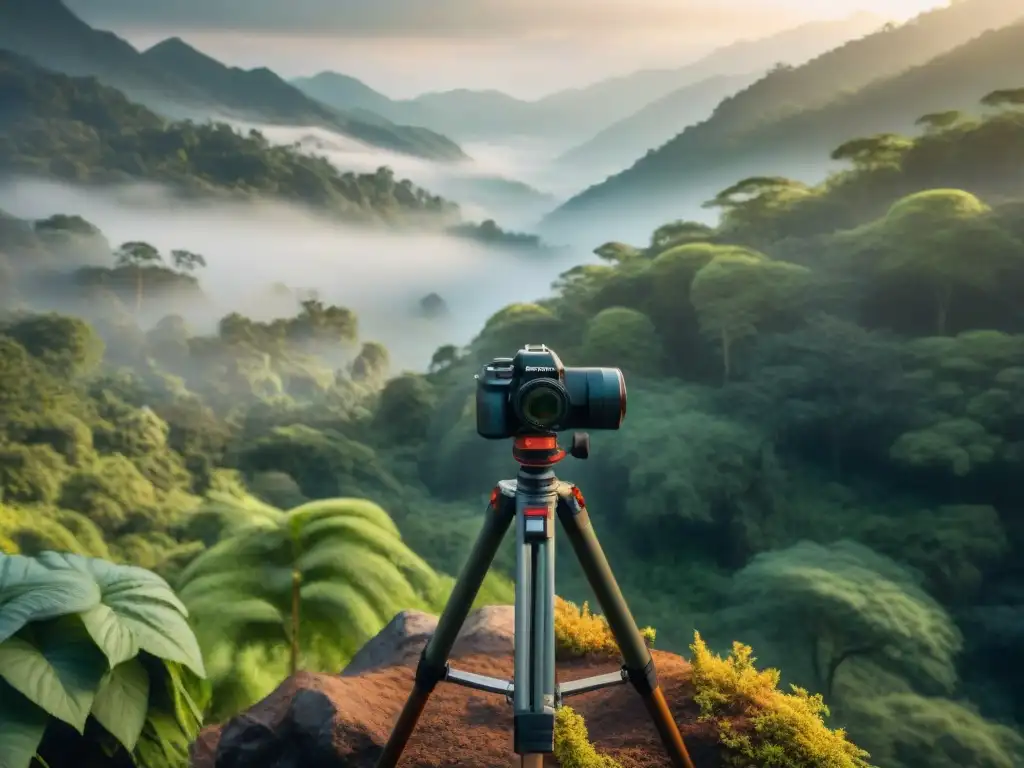 Trípode resistente en bosque exuberante Trípode resistente en bosque exuberante, muestra detalles de aventuras