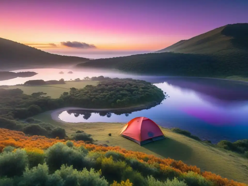 Puesta de sol en Laguna Garzón: eco camping en Uruguay Turismo sostenible camping en la Laguna Garzón al atardecer en Uruguay, con un camper montando su tienda en la orilla