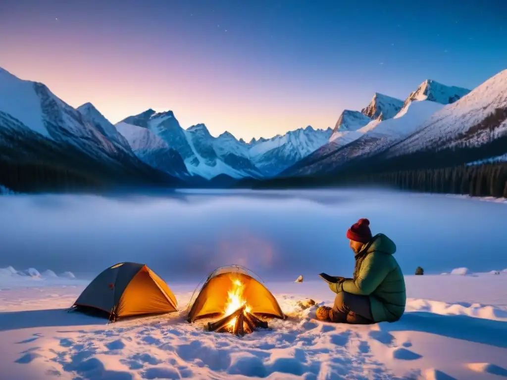 Explorador solitario: mapa en mano, rodeado de nieve y estrellas Un valiente campista en Uruguay, iluminado por la fogata en la noche invernal, se concentra en su mapa