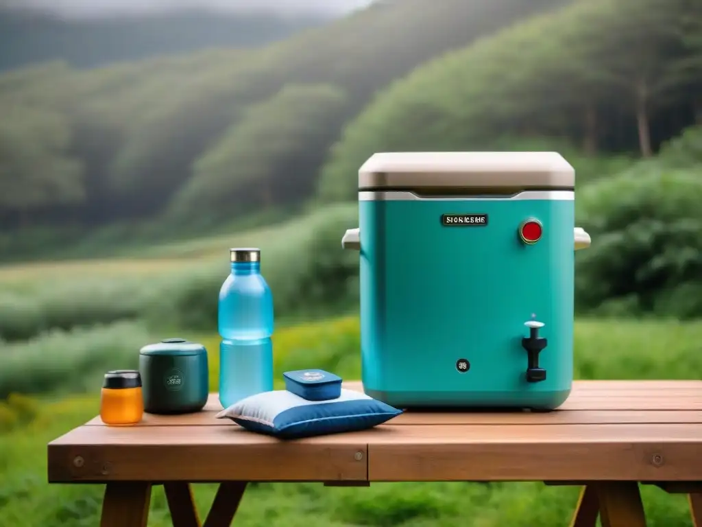 Accesorios esenciales para neveras portátiles en un campamento en Uruguay Variedad de accesorios para coolers en mesa de picnic en camping en Uruguay al amanecer