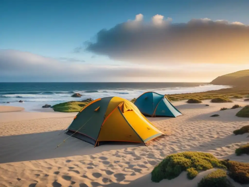 Variedad de tiendas de campaña en la playa de Uruguay al atardecer Variedad de carpas de camping en playa de Uruguay al atardecer, destacando la importancia de elegir la mejor carpa para el clima uruguayo