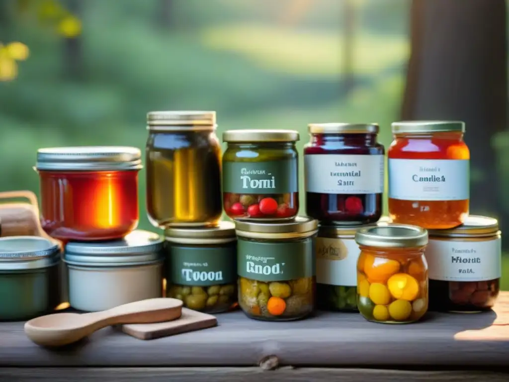 Conservas caseras en la naturaleza: colores vibrantes y sabores artesanales Una variedad de conservas caseras sobre una mesa de madera en un entorno natural de camping en Uruguay
