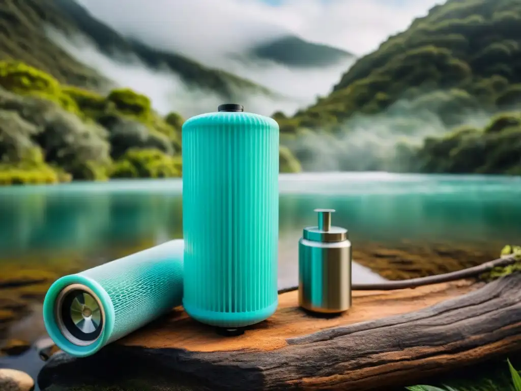 Los mejores filtros de agua portátiles para camping en Uruguay Variedad de filtros de agua portátiles para camping en Uruguay, en un entorno natural sereno