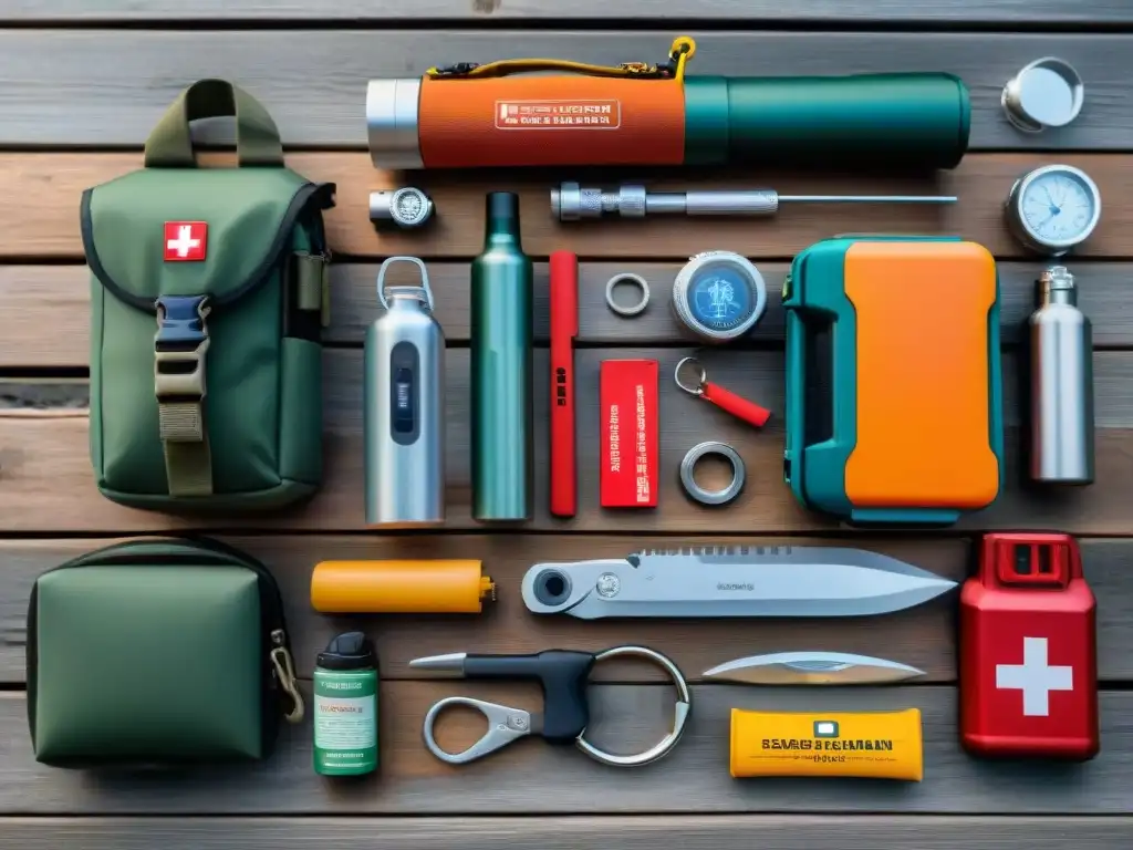 Kit de supervivencia: gadgets esenciales para aventuras al aire libre Variedad de gadgets de supervivencia para camping sobre mesa de madera rústica, listos para la aventura al aire libre