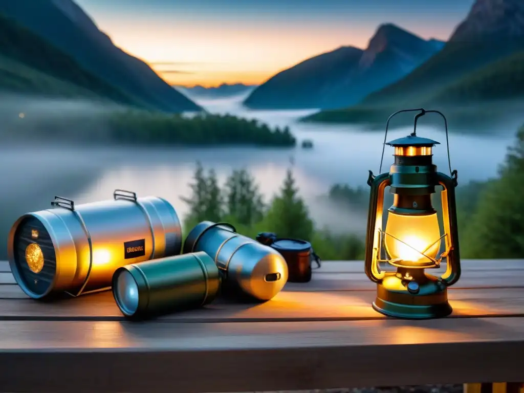 Linternas de camping: guía de iluminación para aventuras nocturnas Variedad de linternas en mesa de madera rústica en entorno de acampada nocturna