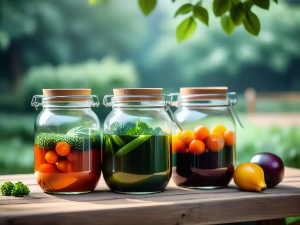 Deliciosas fermentaciones al aire libre Vegetales y frutas fermentando en tarros de vidrio en un entorno de camping, técnicas de fermentación en camping