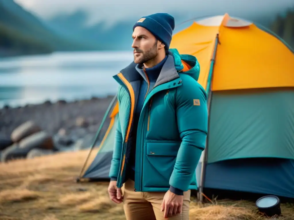 Outfit invernal para camping: capas térmicas, polar y chaqueta impermeable Vestimenta adecuada para campismo invierno: Conjunto invernal capas para acampar en la nieve, con tienda de campaña al fondo