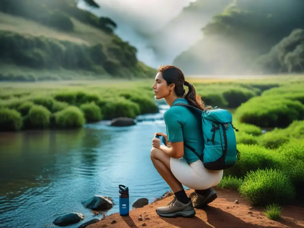 Explorador en Uruguay: purificando agua en la naturaleza Un viajero usando filtros de agua portátiles en el río de Uruguay