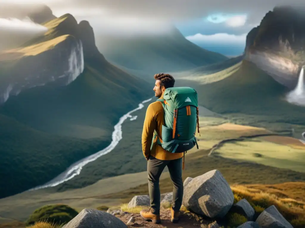 Explorador en paisaje uruguayo con mochila técnica de última generación Un viajero en la pintoresca naturaleza uruguaya con una mochila técnica de alta gama, explorando un vasto paisaje