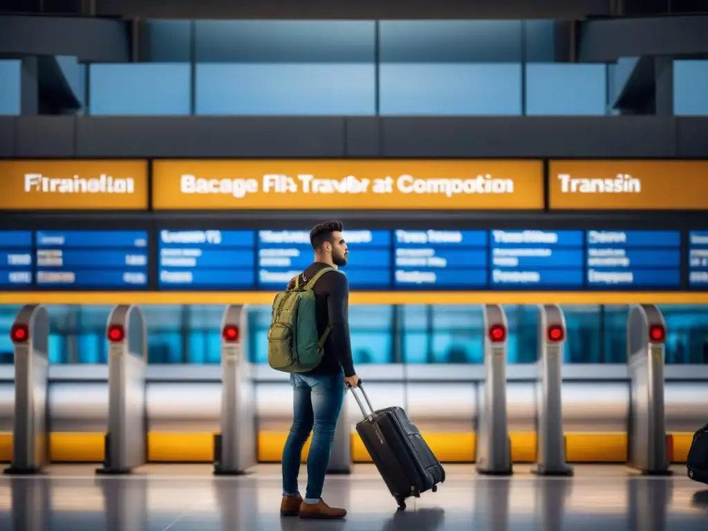 Viajero preocupado en aeropuerto: equipaje dañado Viajero preocupado en aeropuerto con equipaje dañado, resaltando la importancia del Seguro de viaje excursión Uruguay