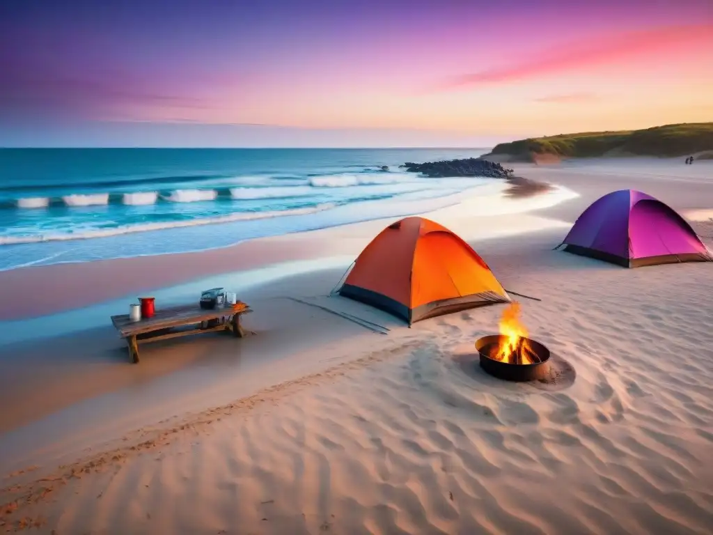 Camping mágico en la playa de Uruguay al atardecer Vibrante atardecer en las mejores playas camping Uruguay: tiendas coloridas, fogata, personas disfrutando de diversas actividades frente al mar