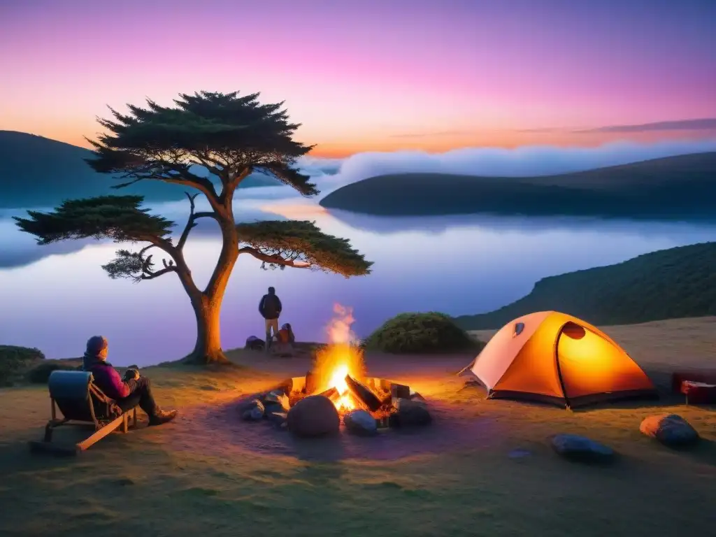 Atardecer mágico en campamento en Uruguay: reflejos de paz y naturaleza Vibrante campamento en Uruguay al atardecer con seguro de viaje camping Uruguay