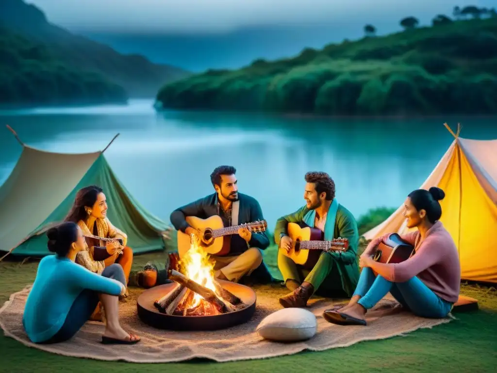Campamento uruguayo al atardecer: mate, música y naturaleza Vibrante escena de campamento en Uruguay: Guía completa de ecoturismo en Uruguay