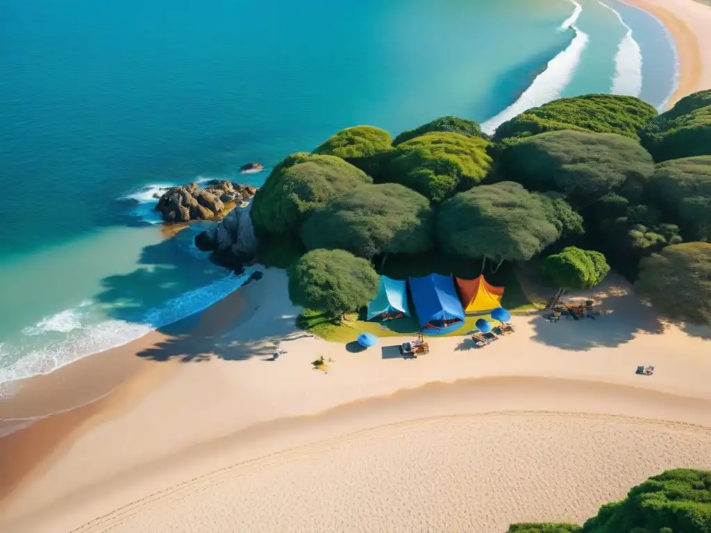 Camping en la playa de Rocha: aventura y comunidad al atardecer Vibrante escena de camping en playas de Rocha al atardecer: tiendas coloridas, fogatas, voleibol y hamacas bajo palmeras