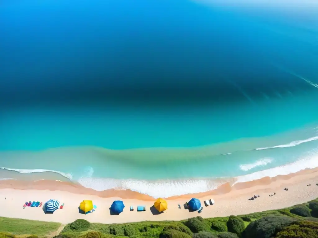 Playa colorida en Uruguay: campamento diverso y vibrante Un vibrante escenario playero en Uruguay con campistas disfrutando de diversas actividades bajo coloridos toldos y un cielo azul