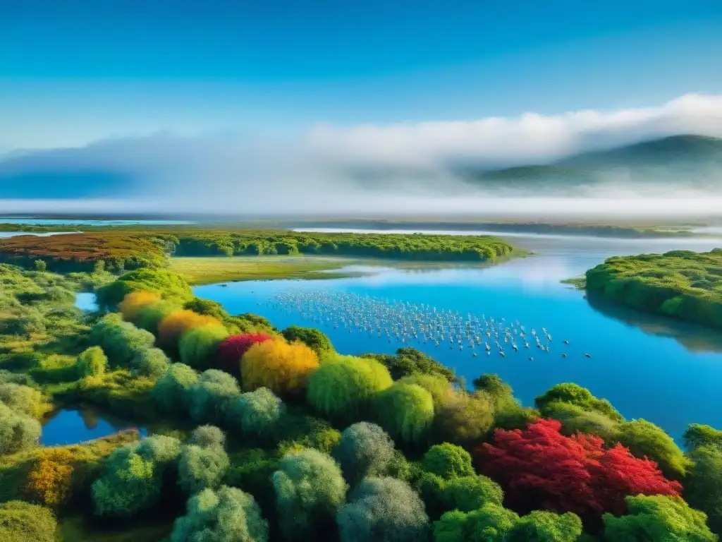 Esplendor aviar: variedad de aves migratorias en Uruguay Un vibrante espectáculo de aves migratorias en Uruguay, con plumajes detallados y un cielo azul de fondo