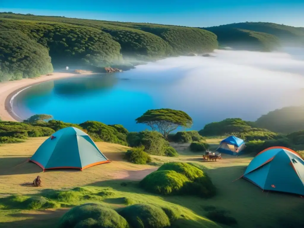 Escena vibrante de camping en Uruguay: diversidad, comunidad y naturaleza Un vibrante festival de camping en Uruguay con diversidad de campistas disfrutando de experiencias únicas