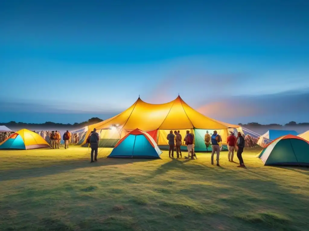 Festival de camping en Uruguay: diversión y música en la naturaleza Un vibrante festival de camping en Uruguay, con gente animada montando coloridas carpas en la naturaleza, música en vivo y una atmósfera comunitaria
