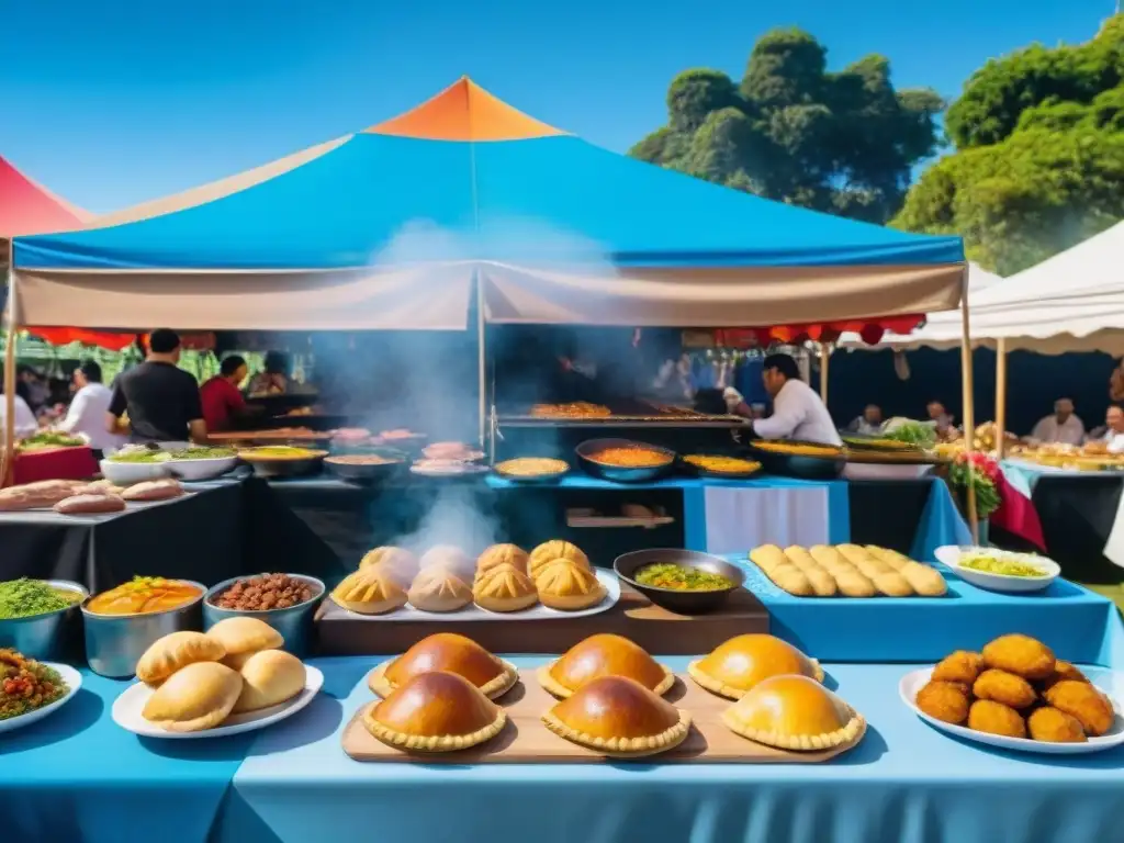 ¡'Festival culinario uruguayo: sabores y alegría bajo el cielo azul'! Vibrante festival gastronómico al aire libre en Uruguay con puestos de comida coloridos y ambiente animado