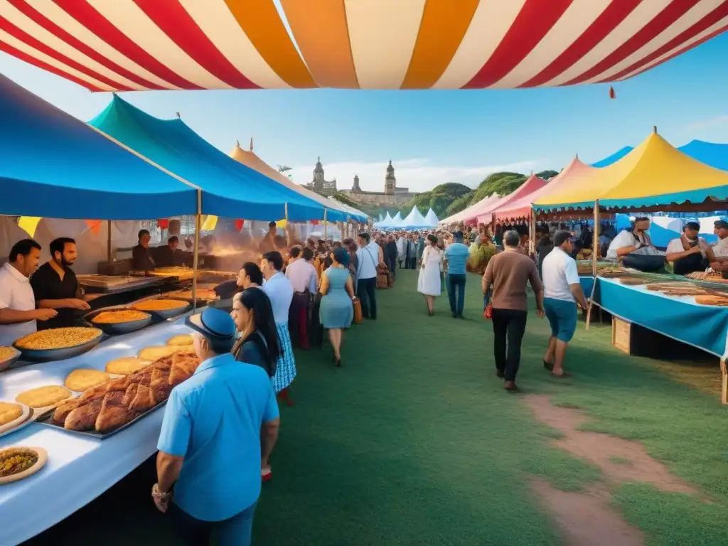 Colorida feria gastronómica en Uruguay: sabores y tradición Vibrante festival gastronómico al aire libre en Uruguay con puestos de comida coloridos ofreciendo platos tradicionales