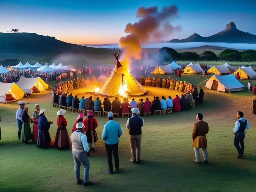 Vibrante festival tradicional uruguayo en campamento estrellado Vibrante festival nocturno de camping en Uruguay: tiendas coloridas, fogata central, bailes y tradiciones bajo un cielo estrellado
