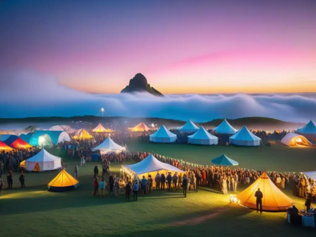 Festival de Música en Uruguay: Noche Estrellada, Ritmo y Alegría Vibrante festival de música en Uruguay con tiendas de campaña bajo un cielo estrellado, festivaleros bailando al ritmo de la música y una fogata rodeada de personas riendo y compartiendo historias, creando una atmósfera cálida y acogedora que ejemplifica la experiencia única e inolvidable