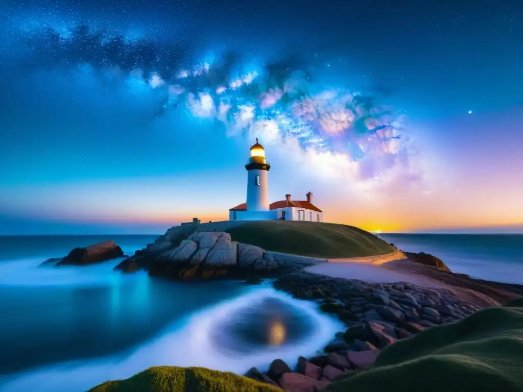 Galaxia de la Vía Láctea sobre Faro de Punta del Este Vibrante imagen de la Vía Láctea sobre el faro de Punta del Este en Uruguay, ideal para zonas acampada observación astronómica