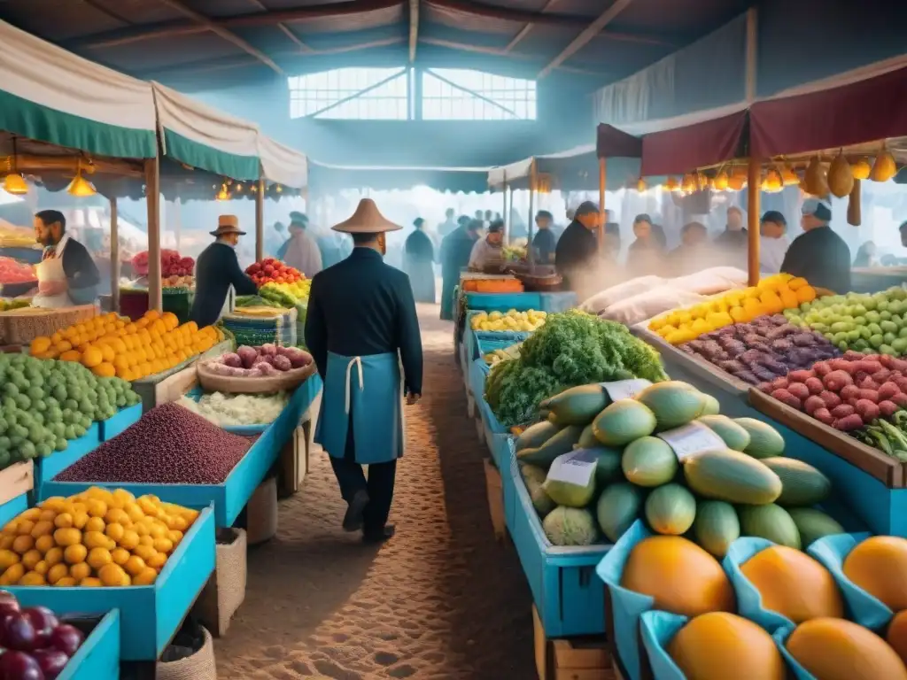 Mercado vibrante en Uruguay: colores y sabores locales Vibrante mercado gastronómico en Uruguay con frutas y verduras coloridas