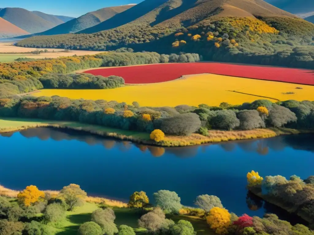 Capturando la Belleza del Otoño en Uruguay: Consejos para Fotógrafos Fotógrafo ajusta cámara en vibrante paisaje otoñal de Uruguay