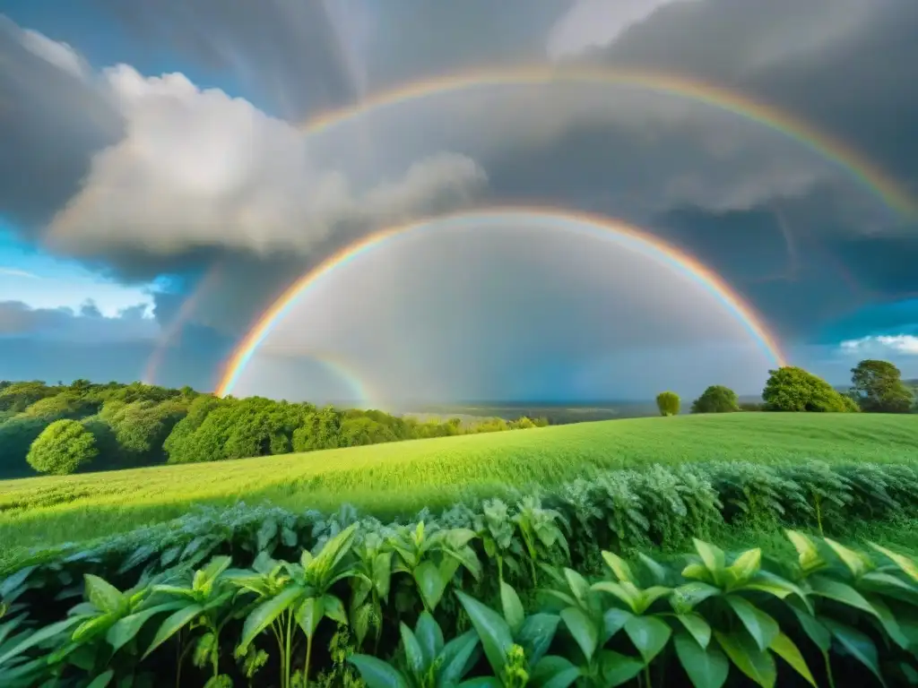 Arcoíris en la naturaleza: protegiendo tu equipo fotográfico Arcoíris vibrante sobre paisaje verde en lluvia, con bolso de cámara protegido