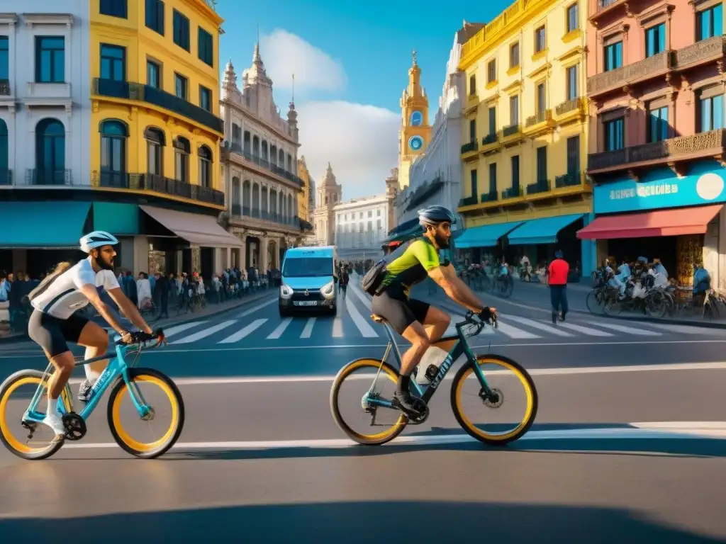 Explorando Montevideo en Bicicleta: Diversidad, Arte Urbano y Cultura Un vibrante paseo en bicicleta por Montevideo, destacando su arquitectura y arte urbano, con ciclistas coloridos y emblemáticos puntos de la ciudad