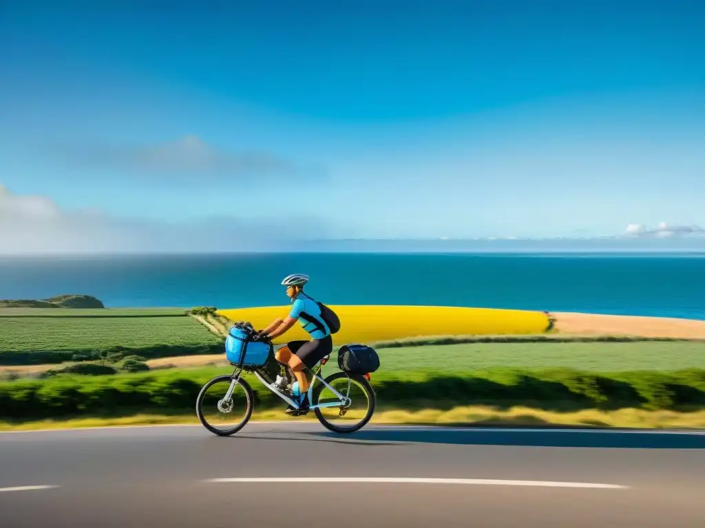 Épica travesía en bicicleta por la costa de Uruguay Un vibrante paseo en bicicleta por la Ruta ciclismo gastronomía Uruguay, con ciclistas, paisajes y delicias locales
