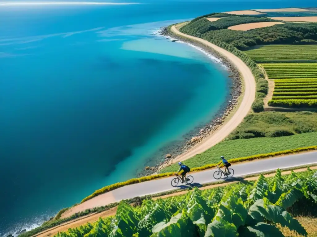 Ruta costera en Uruguay: viñedos, mar y ciclistas Un vibrante paseo en bicicleta por las rutas ciclísticas en Uruguay, rodeado de viñedos y el mar Atlántico