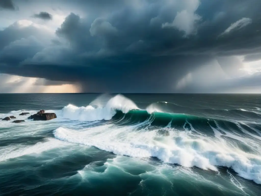 Costa tormentosa en Uruguay: Naturaleza salvaje y peligrosa Vista aérea detallada de una costa rocosa y tormentosa en Uruguay, resaltando la protección del equipo de drones en condiciones extremas