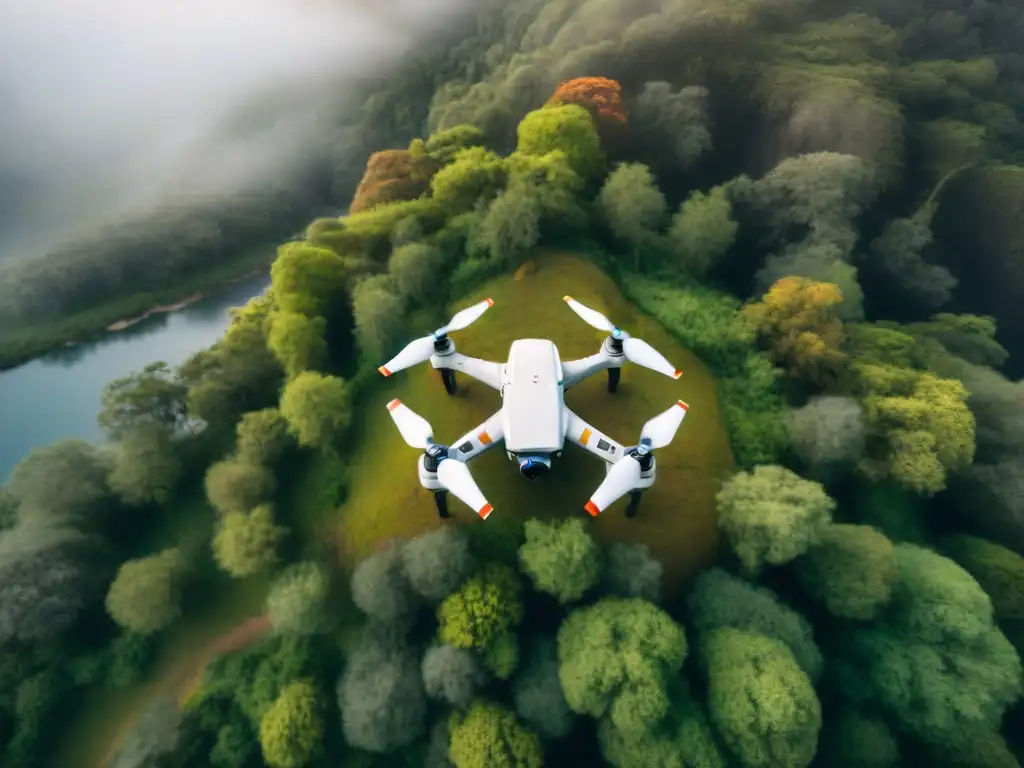 Exploración y aventura: drone en bosque de Uruguay al atardecer Vista aérea de un dron sobre un bosque verde al atardecer en Uruguay con accesorios de camping