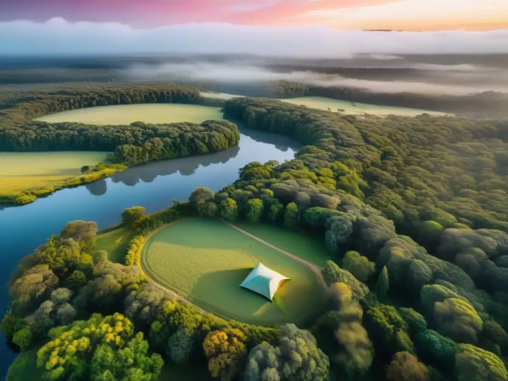 Campamento en Uruguay: drone captura paisaje natural al atardecer Vista aérea de un dron sobre un campamento en la naturaleza de Uruguay al atardecer