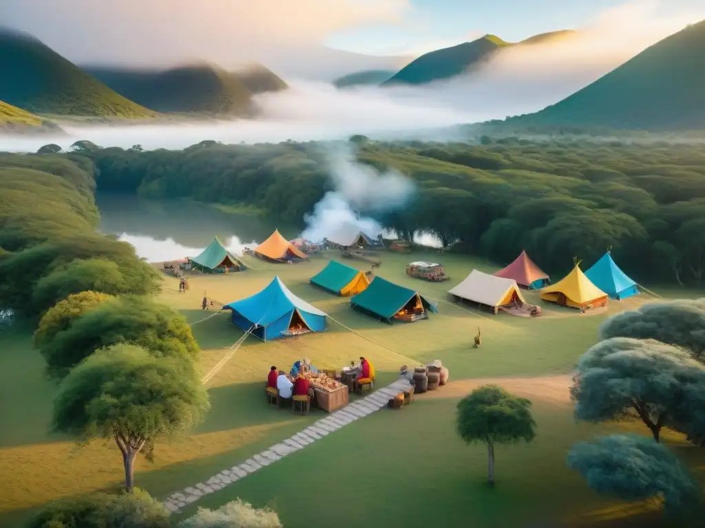 Vista aérea de un camping tradicional uruguayo con música, bailes y mate Vista aérea emocionante de un camping tradicional uruguayo en medio de la naturaleza, familias compartiendo tradiciones y mate alrededor de fogata