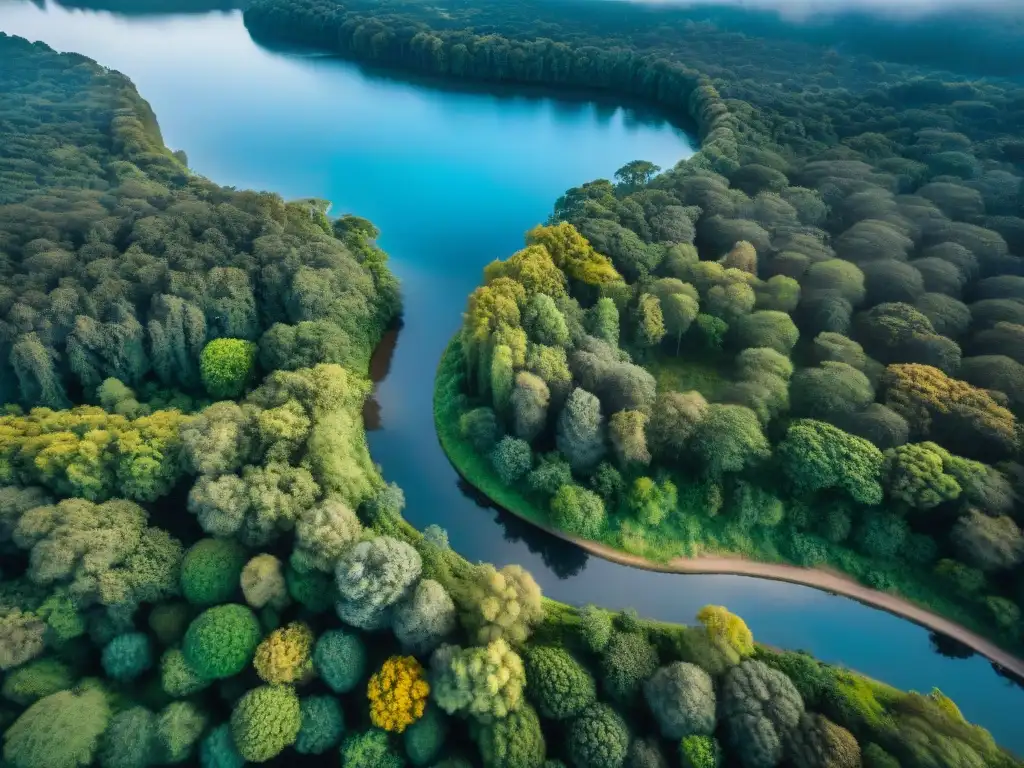 Explora la belleza natural de Uruguay: Bosque exuberante y río serpenteante Vista aérea de un exuberante bosque en Uruguay con un río serpenteante, ideal para GPS para camping en Uruguay