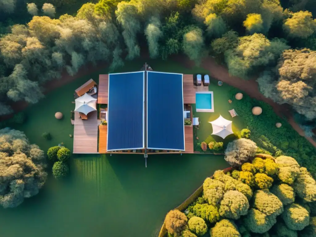 Glamping sostenible en Uruguay: lujo ecológico en armonía con la naturaleza Vista aérea de un glamping ecológico en Uruguay entre vegetación nativa y huéspedes disfrutando de actividades al aire libre