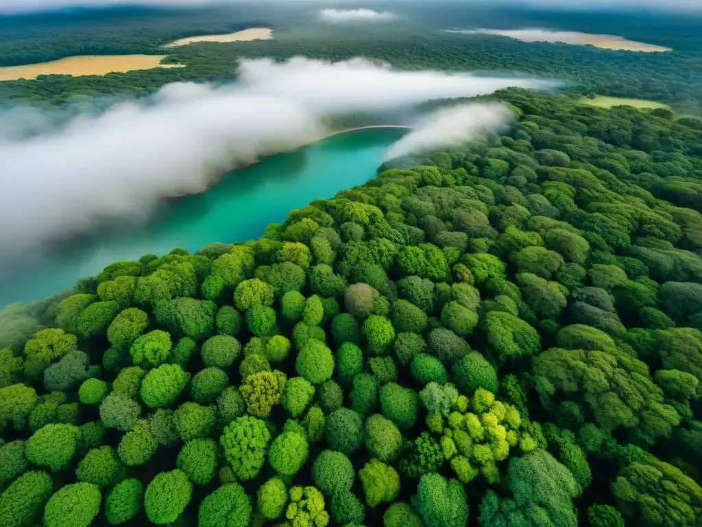 Espléndida vista aérea de la conservación en Uruguay Vista aérea impresionante de áreas naturales en Uruguay, resaltando bosques verdes, ríos sinuosos y vida silvestre