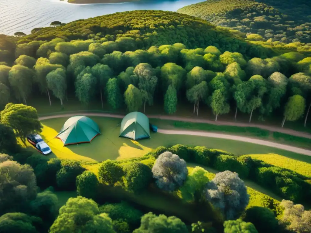 Acampando en un bosque verde en Uruguay Vista aérea impresionante de un bosque verde en Uruguay, río serpenteante y acampantes cerca