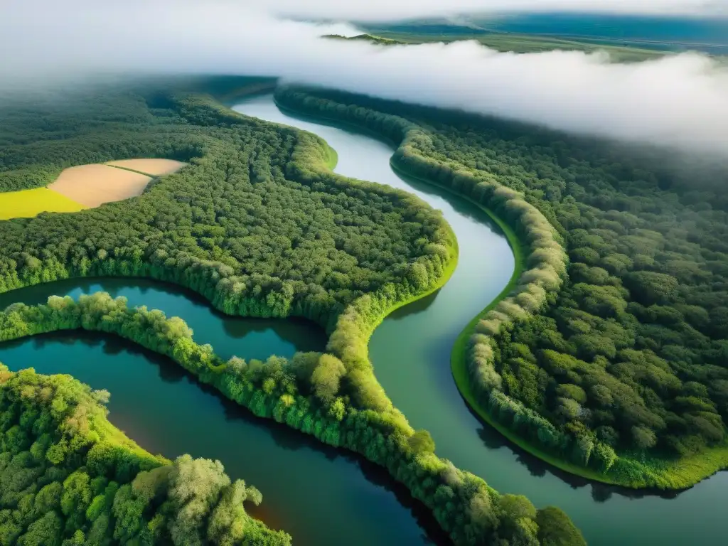 Río serpenteante: paisaje verde de Uruguay con comunidades indígenas Vista aérea impresionante de la cultura indígena en camping Uruguay, con río serpenteante y comunidad nativa