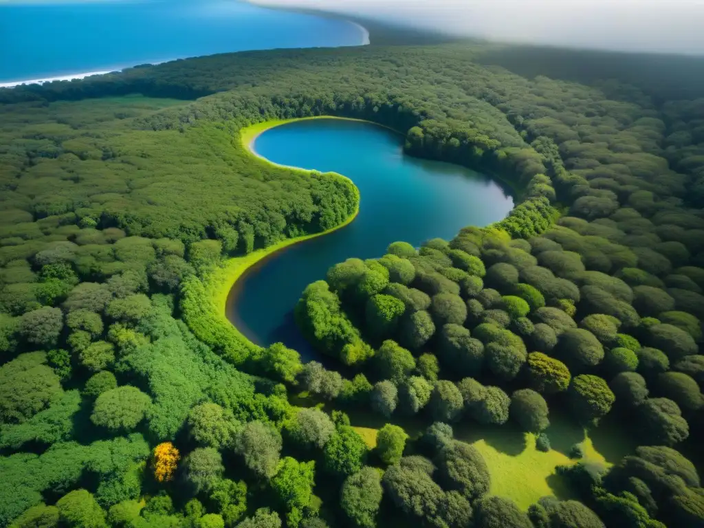 Explorando la naturaleza en Uruguay: camping entre bosques verdes Una vista aérea impresionante de un denso bosque verde en Uruguay, con rayos de sol filtrándose a través del dosel, reflejando en un río serpenteante